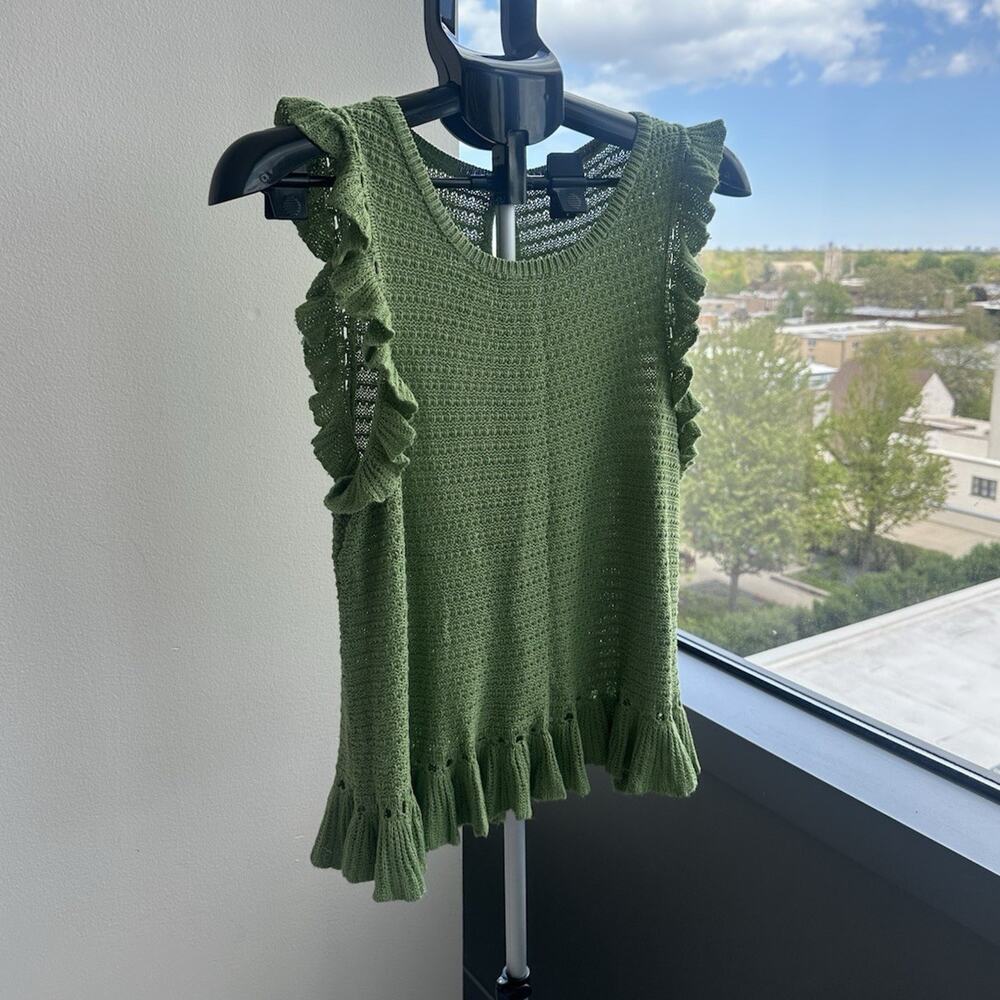 Green Knit Round Neck Ruffle Button Sleeveless Tank Women's XL